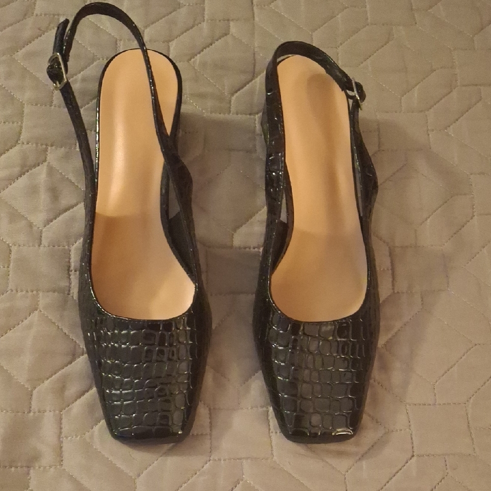 Black Croc-Embossed Slingback Heels